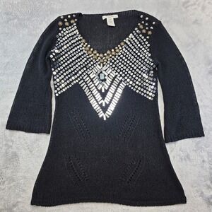 Vertigo Paris Women M Black Sequin Embellished V-Neck Tunic Vintage Sweater